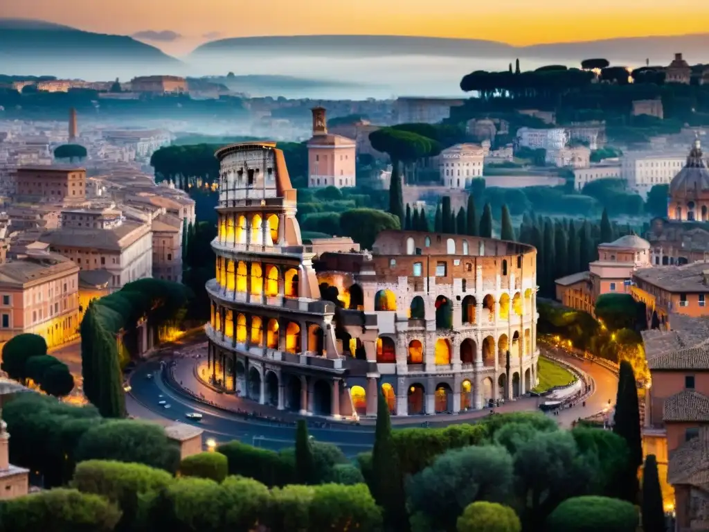 Vista aérea del majestuoso Coliseo en Roma al atardecer, destacando su arquitectura con estadios antiguos diseño arquitectura