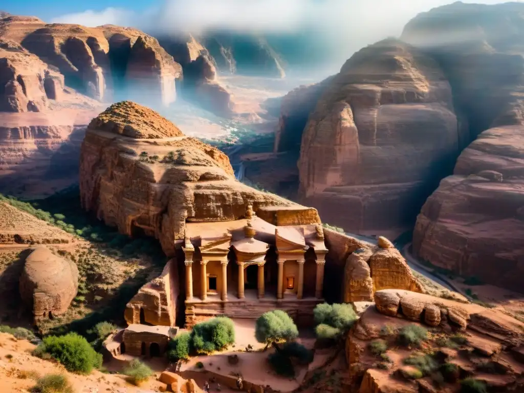 Vista aérea de Petra en Jordania con el Tesoro a través del Siq, resaltando juegos acuáticos en Oriente Medio