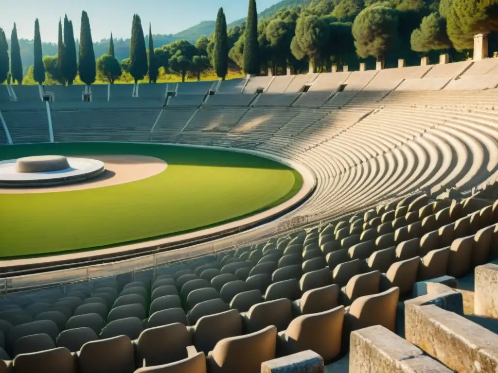 Vista detallada del antiguo Estadio Olímpico en Olympia, Grecia, resaltando la historia de los juegos olímpicos antiguos bajo el sol mediterráneo