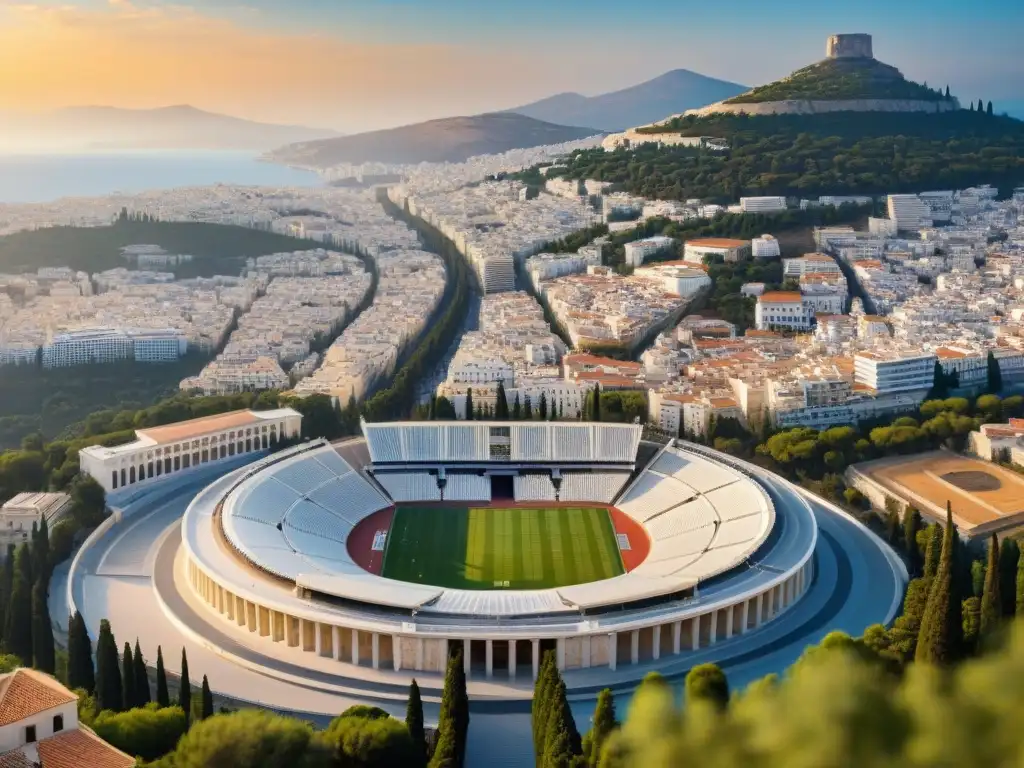 Vista detallada del diseño arquitectónico del Estadio Panatenaico en Atenas, Grecia, fusionando estilos antiguos y contemporáneos