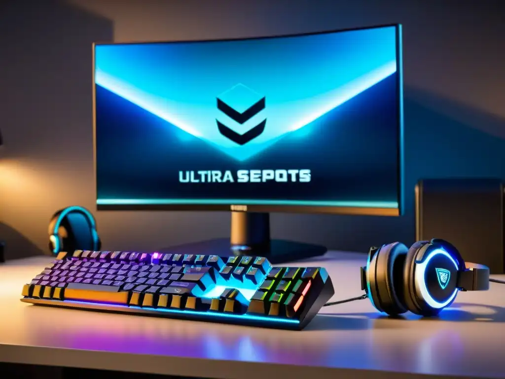 Vista detallada del equipamiento profesional para eSports en acción: teclado, ratón, monitor y auriculares gaming, con jugador concentrado