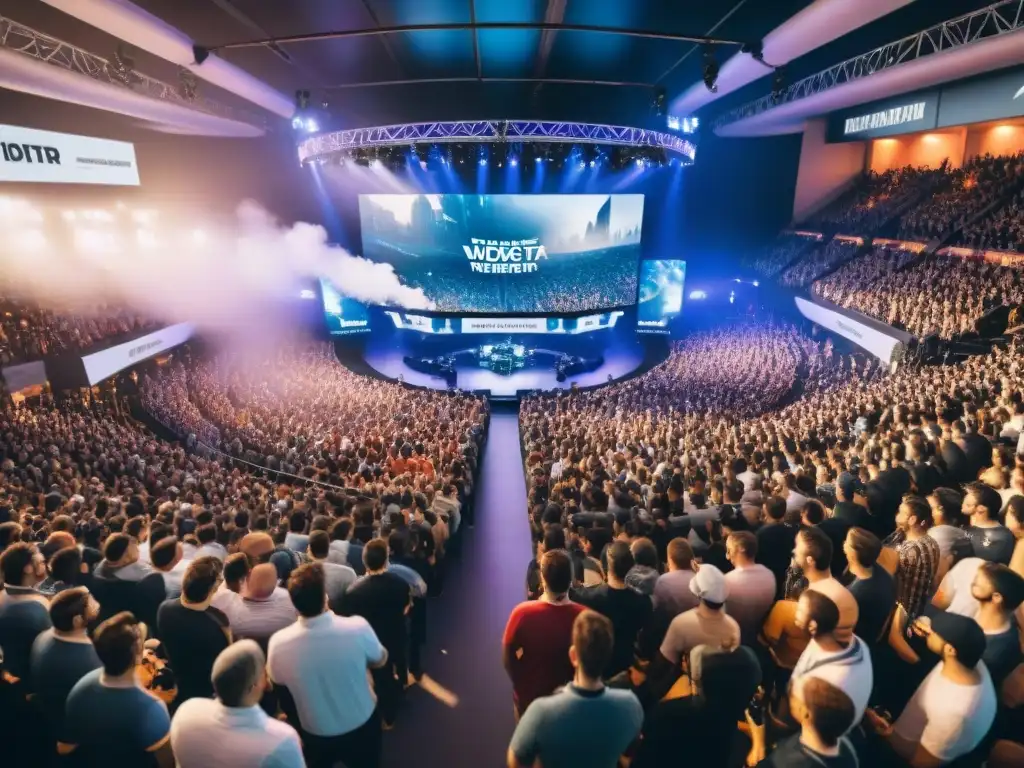 Una vista detallada de un estadio de eSports lleno de fans entusiastas y jugadores concentrados, rodeados de logos de patrocinadores