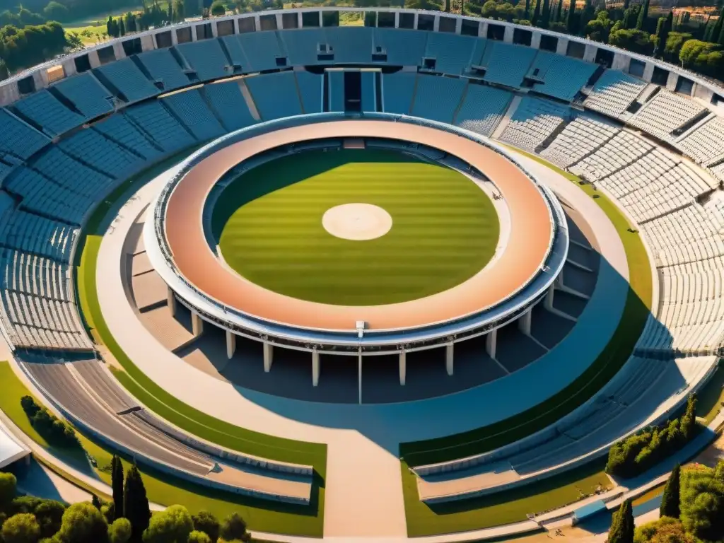 Vista detallada del Estadio Olímpico antiguo en Atenas, Grecia, resaltando su arquitectura y diseño histórico