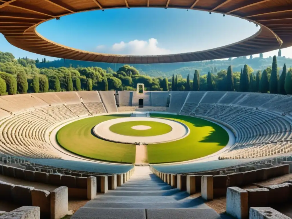 Una vista detallada del Estadio Olímpico antiguo en Olimpia, Grecia, resaltando su grandiosa arquitectura en ruinas bajo un cielo azul claro