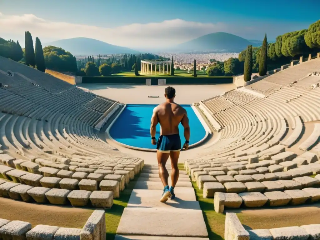 Vista detallada en 8k del estadio olímpico antiguo en Olimpia, Grecia, bajo cielo azul