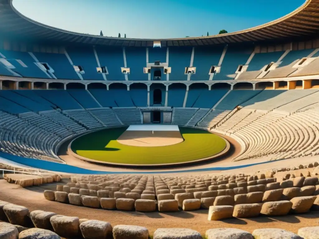 Vista detallada del estadio olímpico antiguo en Olimpia, resaltando la grandiosa arquitectura y las gradas de piedra bajo un cielo azul