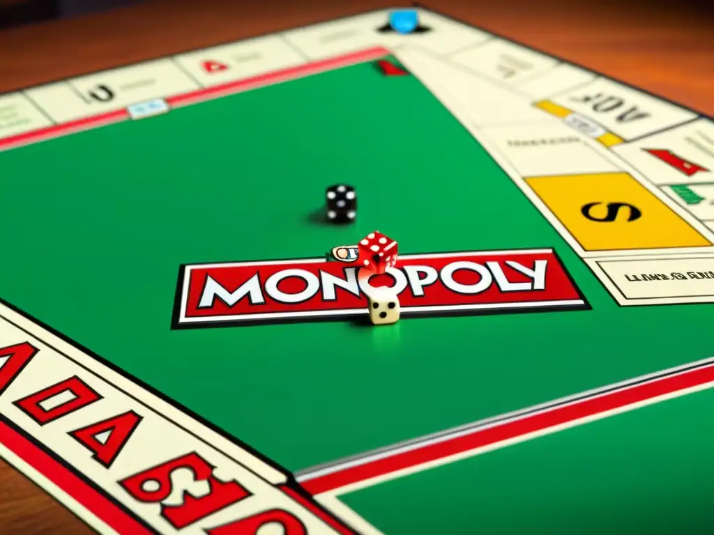 Vista detallada de juego Monopoly en mesa de madera, destacando propiedades, casas, hoteles y dinero