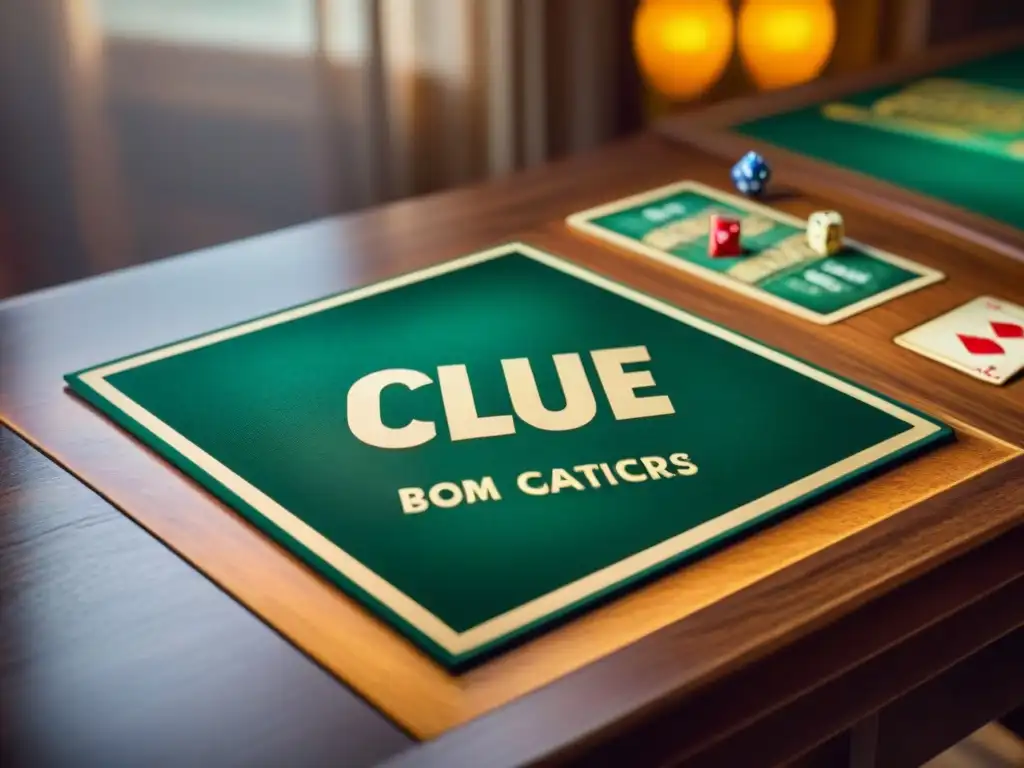 Una vista detallada de un juego de mesa vintage de Clue en una mesa de madera, resaltando los detalles intrincados del tablero, piezas y cartas