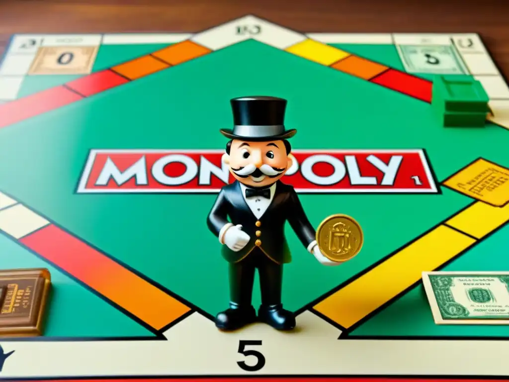 Una vista detallada de un Monopoly vintage con adornos dorados, propiedades clásicas y el icónico Mr