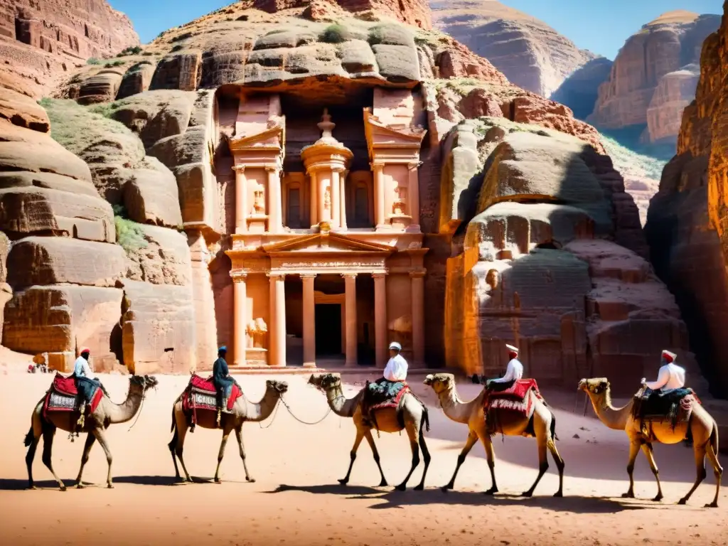 Vista detallada de Petra con el Tesoro esculpido en roca rosa, Beduinos y camellos en la garganta Siq