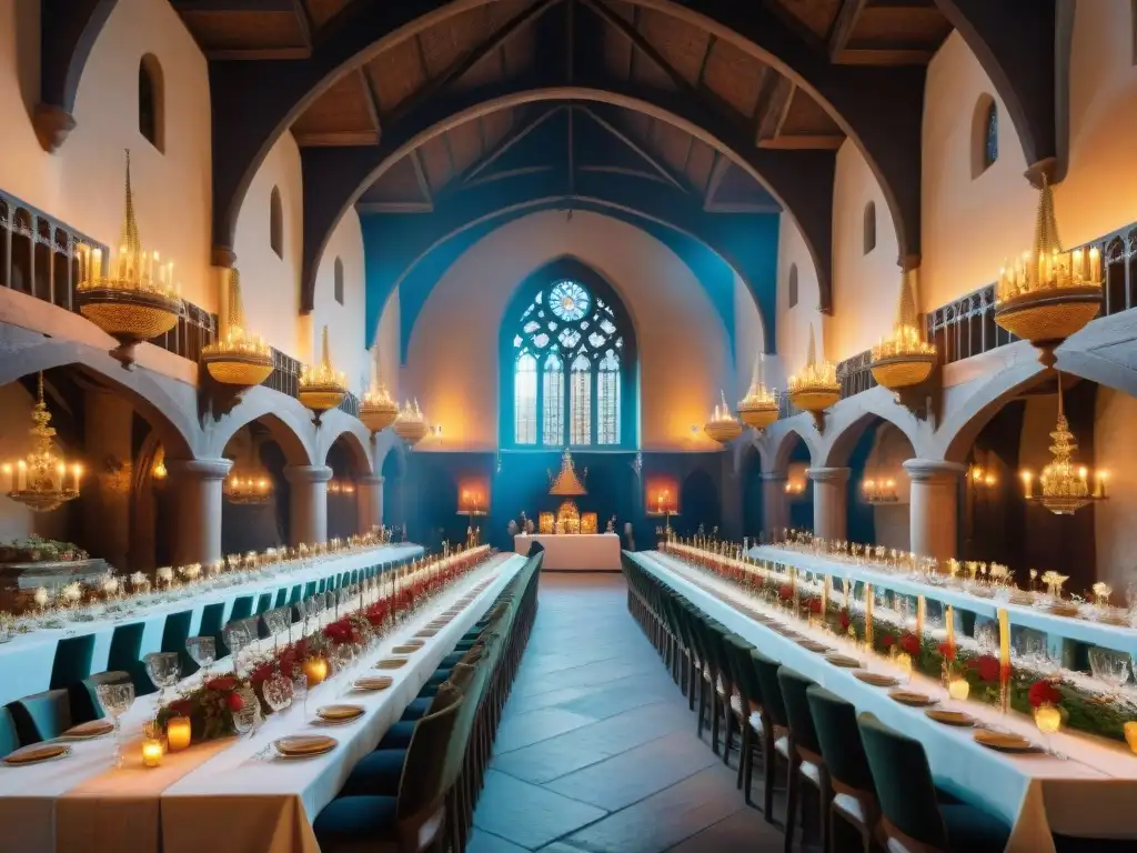 Vista detallada de un salón de banquetes medieval, repleto de nobles y sirvientes, mostrando los rituales de celebración en culturas de la época