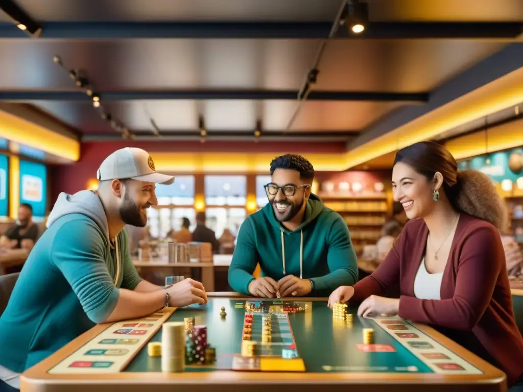 Vista panorámica de un bullicioso café de juegos de mesa, donde grupos diversos disfrutan inmersos en la evolución estrategias juegos mesa cultural