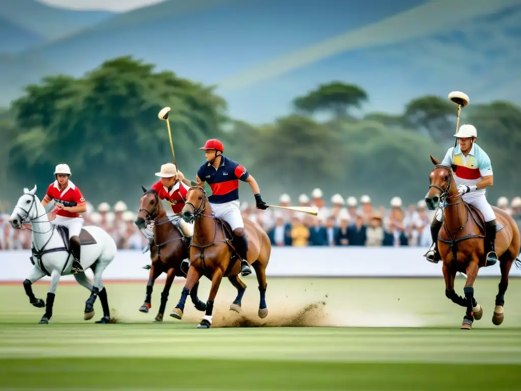 Vista panorámica de un campo de polo en Argentina durante un campeonato, con jugadores y espectadores, reflejando la Historia del Polo en Argentina