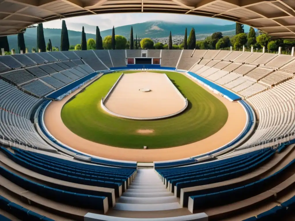 Vista panorámica detallada del antiguo estadio olímpico griego en Olimpia, evocando la grandeza de la historia evolución gimnasia deporte olímpico