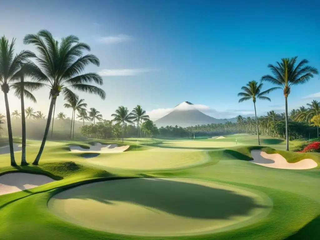 Una vista panorámica de un exuberante campo de golf en América Latina, con fairways verdes rodeados de altas palmeras bajo un cielo azul