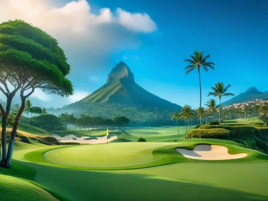 Vista panorámica de un histórico campo de golf en América Latina, con exuberantes fairways verdes, palmeras y golfistas en trajes tradicionales bajo un cielo azul claro