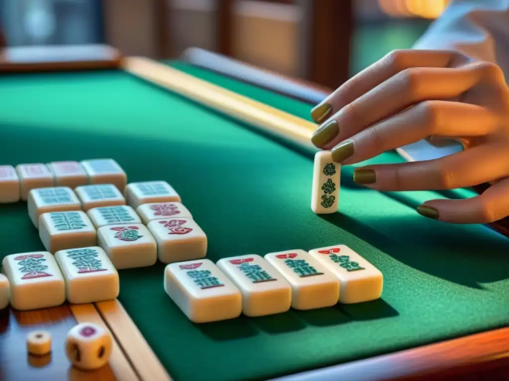 Un vistazo detallado a las antiguas fichas de mahjong en un tablero tradicional, mostrando los grabados y símbolos únicos