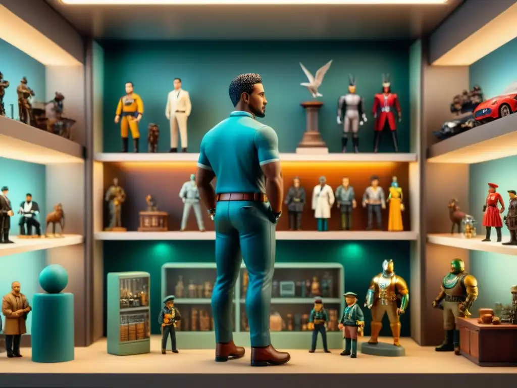 Exhibición de figuras coleccionables: rarezas vintage en alta resolución Vitrina con figuras coleccionables raras destacando detalles únicos