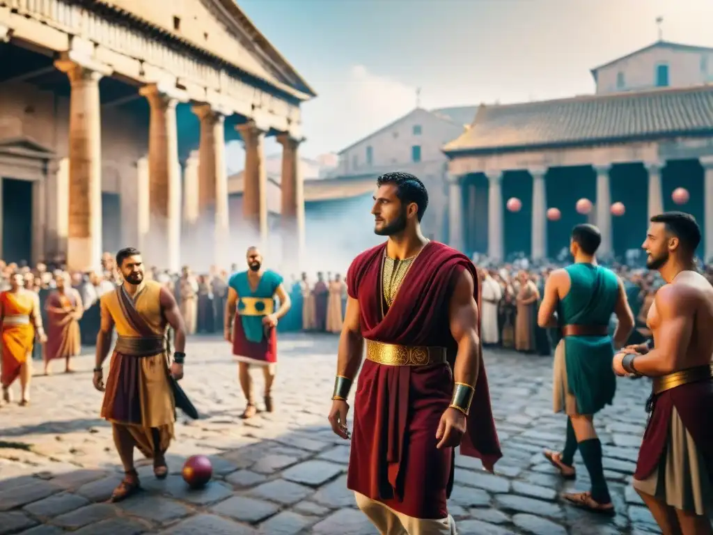 Vívida escena de juegos calle Antigua Roma: gente jugando dados, aros, luchas en bulliciosa calle romana con arquitectura y mercados tradicionales