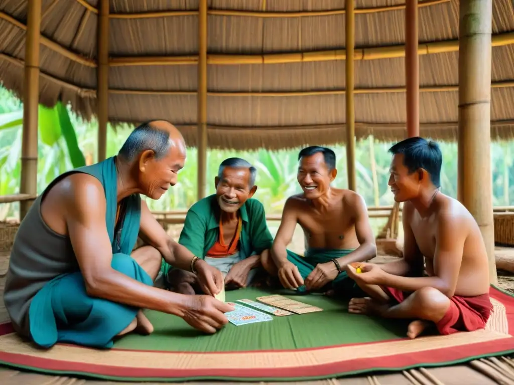 Vívida escena de Juegos de cartas en Camboya: ancianos y niños concentrados en un juego tradicional bajo techo de paja