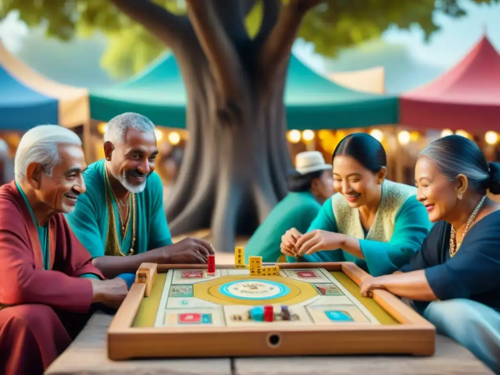 Vívida escena de juegos familiares tradicionales alrededor del mundo bajo un árbol en mercado bullicioso