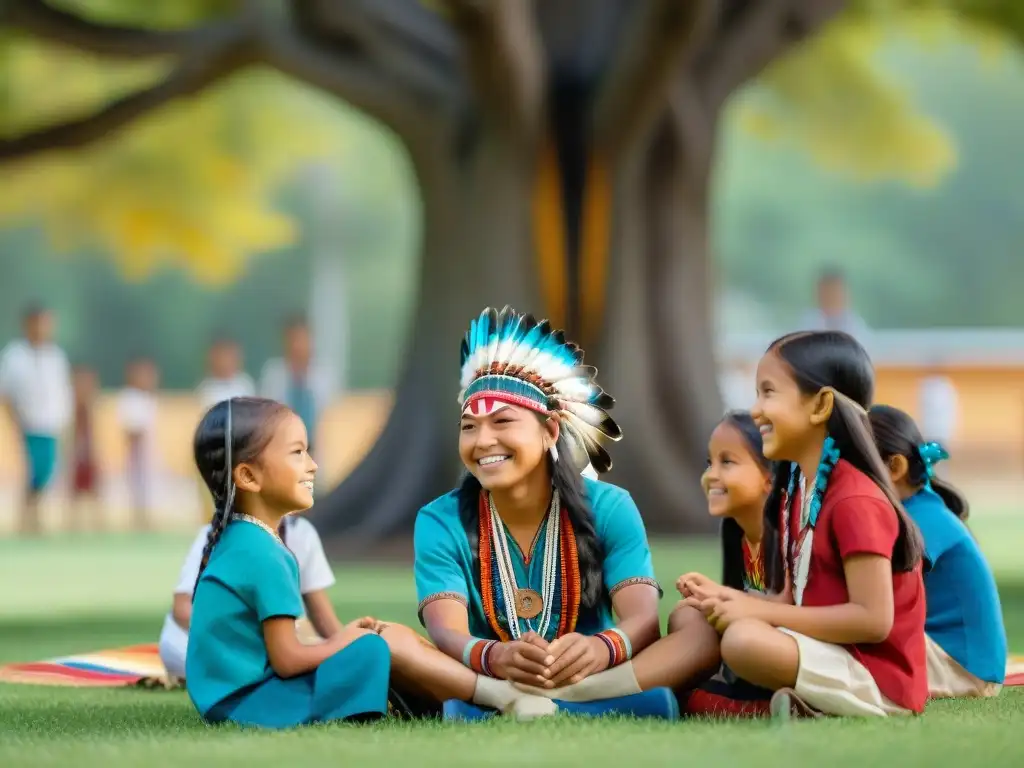 Vívida imagen de niños nativos americanos disfrutando de juegos tradicionales bajo un árbol con plumas de colores