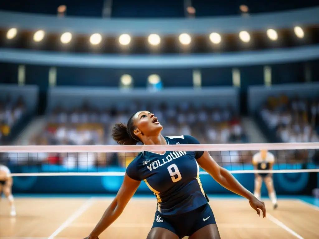Histórica evolución del voleibol en los Juegos Olímpicos, jugador en pleno remate con la multitud animando