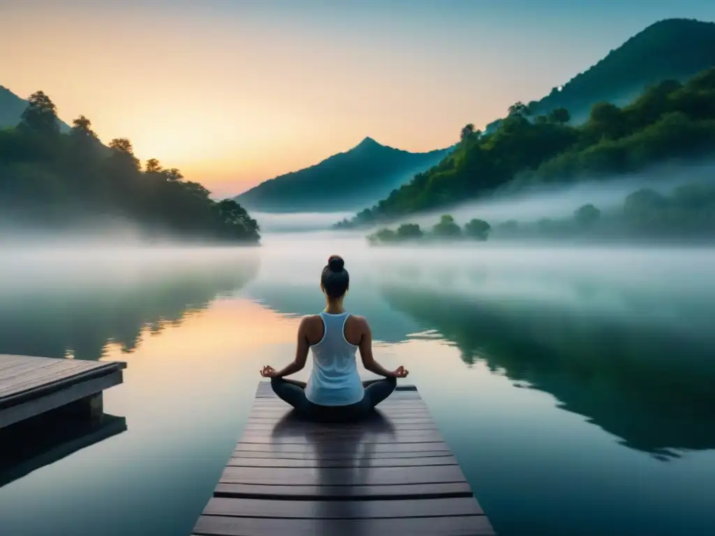 Práctica de yoga al amanecer en un lago tranquilo, reflejando la serenidad del cielo