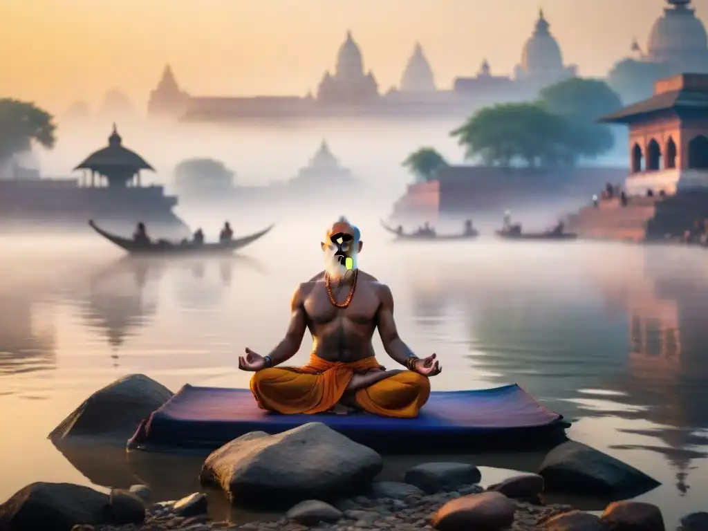 Yogui practicando yoga en el río Ganges al amanecer, con aves, niebla y templos al fondo