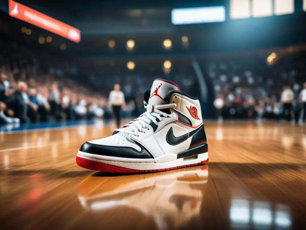 Zapatillas Air Jordan usadas por Michael Jordan en un juego crucial, con detalles únicos, en una cancha de baloncesto